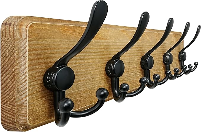 Coat Rack Wall Mount - Heavy-Duty Robust Barnwood-Style Wooden Wall Coat Hanger Hook Rail with 5 Triple Hooks for Winter Coats Hat Jacket Clothing, Weathered Brown & Black