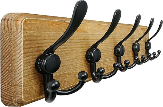 Coat Rack Wall Mount - Heavy-Duty Robust Barnwood-Style Wooden Wall Coat Hanger Hook Rail with 5 Triple Hooks for Winter Coats Hat Jacket Clothing, Weathered Brown & Black