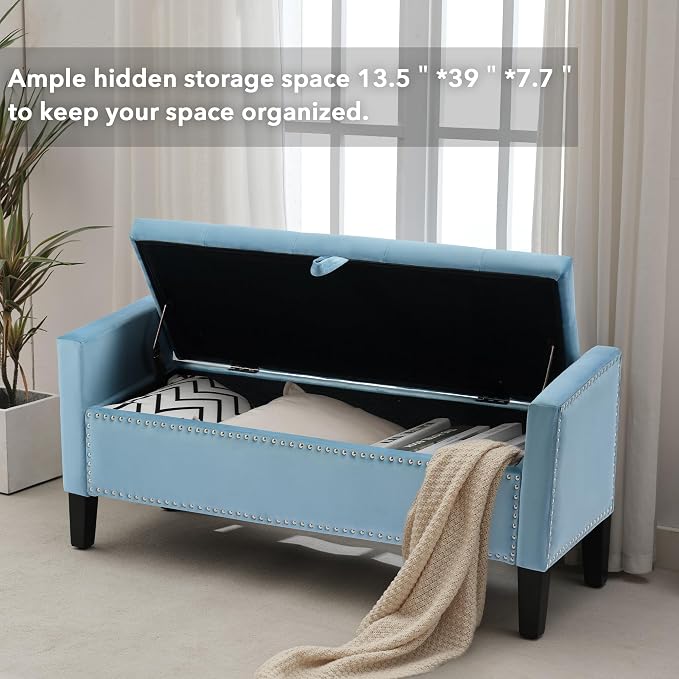 Velvet Storage Ottoman Bench, 46'' Upholstered Button Tufted End of Bed Bench, Modern Entryway Ottoman Bench with Arms, Light Blue