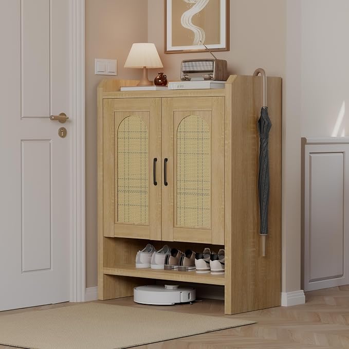 6-Tier Shoe Cabinet Storage for Entryway, Rattan Shoes Organizer Cabinets with Doors, Wooden Shoe Rack, Farmhouse Boho Wood Storage Cabinet (Natural, 6-Tier)