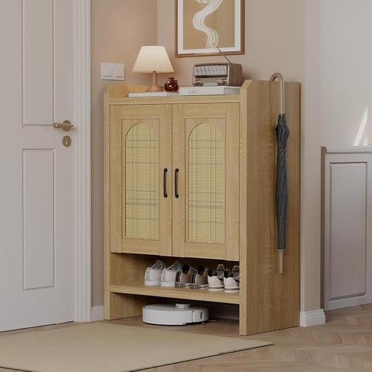 6-Tier Shoe Cabinet Storage for Entryway, Rattan Shoes Organizer Cabinets with Doors, Wooden Shoe Rack, Farmhouse Boho Wood Storage Cabinet (Natural, 6-Tier)