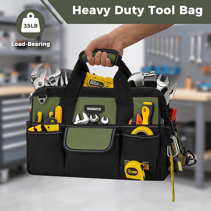 16-Inch Heavy Duty Tool Bag, 22 Pockets Empty Tool Box Organizer Storage, Soft Tote Toolbox Organization Portable Handle Carrying Work Toolbag for Electrician Mechanic, Dad Men Gifts, Green