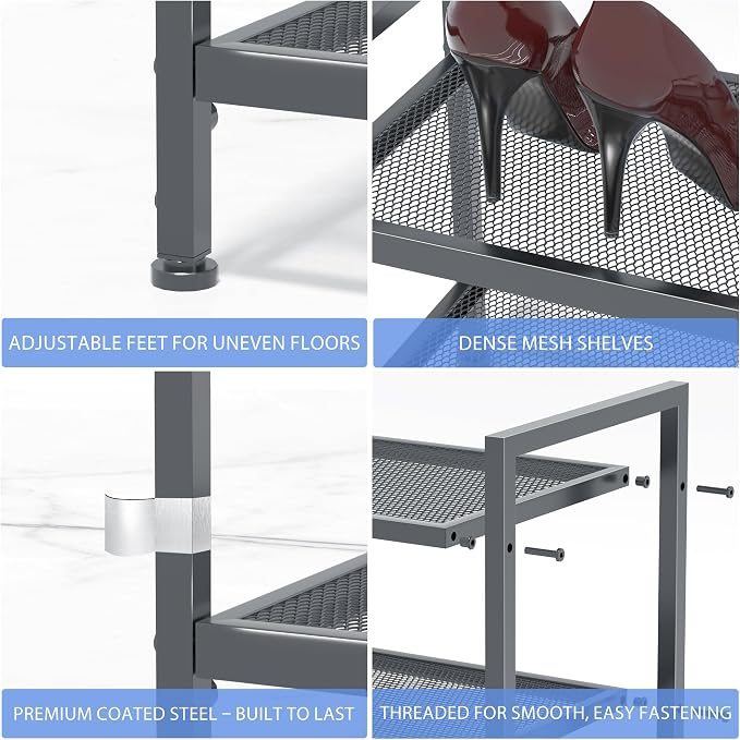 Shoe Rack, Expandable Shoe Rack for Closet, Adjustable Shoe Organizer for Entryway, Shoe Storage Organizer for Door Entrance, Garage, Bedroom (Grey, 2-Tier)