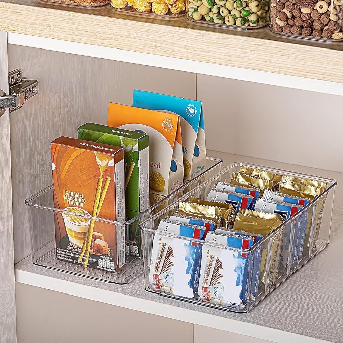 Vtopmart 10 Pack Food Storage Organizer Bins, Clear Plastic Bins for Pantry, Kitchen, Fridge, Cabinet Organization and Storage, 4 Compartment Holder Packets, Snacks, Pouches, Spice Packets