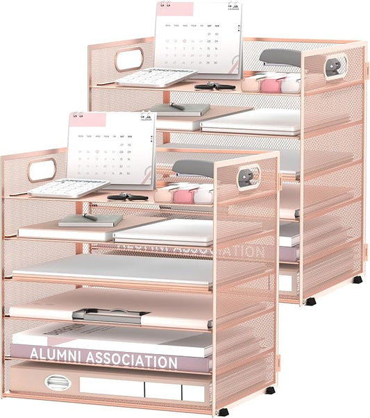 Daltack 6-Tier Paper Organizer for Desk with Handle, Rose Gold, 2 Pack | Sturdy Metal Mesh Organizer with Movable Middle Trays and a Carry Handle for Papers, Folders and Office Supplies