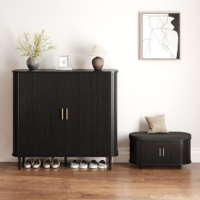 DHH Shoe Storage Cabinet with Sliding Door, 6-Tier Shoe Cabinet with Adjustable Shelves, Mid Century Modern Freestanding Shoe Storage Organizer for Entryway, Hallway, Living Room (Black, 47 ")