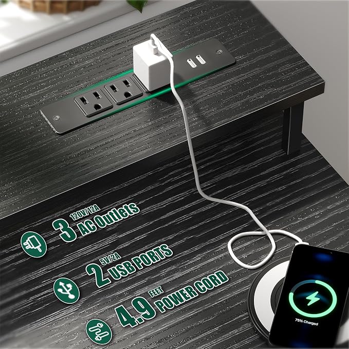 Korfile 55 Inch Gaming Computer Desk with Power Outlets,LED,5 Drawers,Black | For gaming and working,built-in power outlets and LED lights,5 fabric storage drawers, fits 55-inch, monitor stand,,black