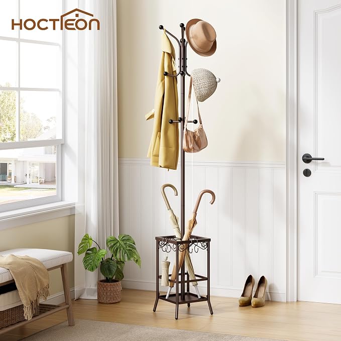 Hoctieon Coat Rack Freestanding, Coat Tree with Umbrella Holder | Metal Coat Rack Stand with 12 Hooks, Standing Coat Hanger Stand, Umbrella Stand for Entryway, Hat Rack Stand for Home Office