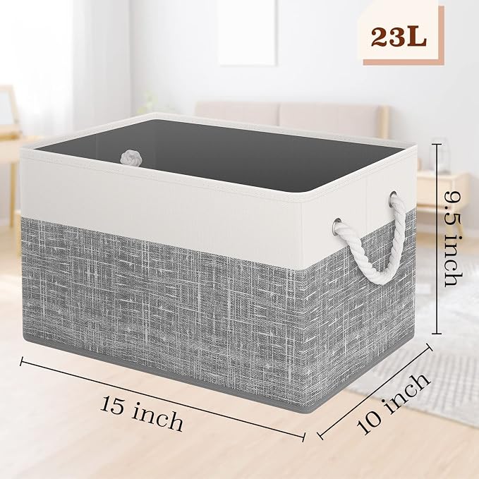 StorageTastic Storage Bin,Collapsible Storage Basket For Organizing,Large | Storage Boxes With Rope Handles,Storage Containers,White & Grey,6 Pack