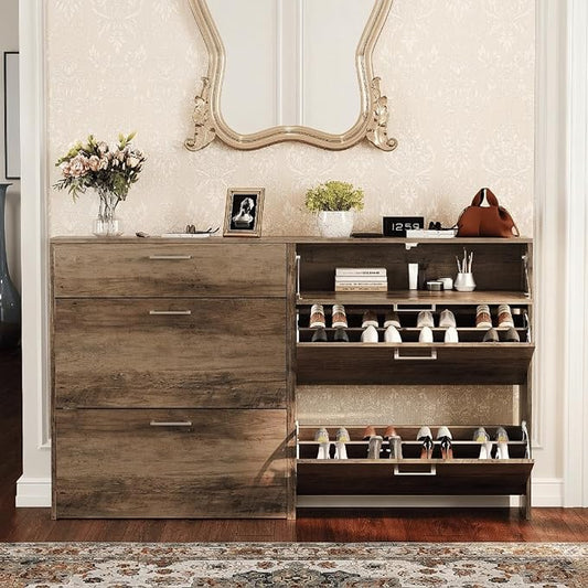 VINGLI Set of 2 Washed Grey Shoe Cabinet for Entryway, 2-Pack 31.5" W Extra Wide Slim Shoe Organizer with 2 Flip & 1 Drop-Down Drawers, Modern Gray Wood Shoes Rack, Narrow Cabinet for Hallway