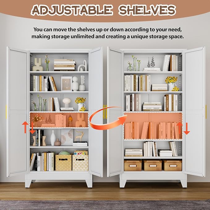 winiowa Tall Metal Kitchen Pantry Storage Cabinet with 2 Doors and 5 Adjustable Shelves - 75.2" Kitchen Cabinet with Gold Handles for Kitchen, Bathroom, Dining Room, Living Room - White