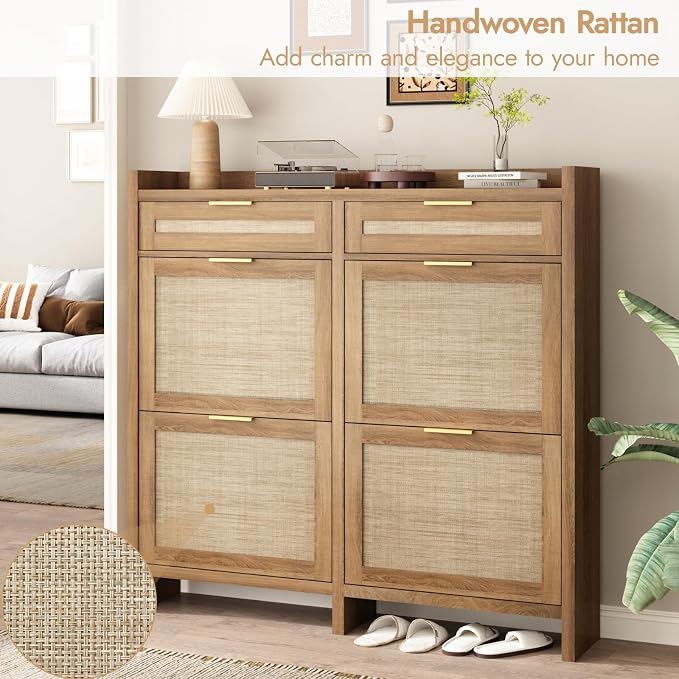 HOKYHOKY Large Rattan Shoe Storage Cabinet with 4 Flip Drawers & 2 Storages | Hidden Slim Shoe Organizer, Farmhouse Boho Narrow Shoe Rack, Large Tabletop Space, Entryway, Rustic Oak