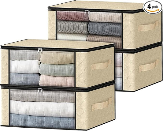 HomeHacks 4-Pack Clothes Organizer Storage Bags, 35L Storage Bins, Beige | Foldable Storage Box Container with Zippers, Clear Window, Reinforced Handles for Closet, Dorm, Pillows, Bedding, Sweater