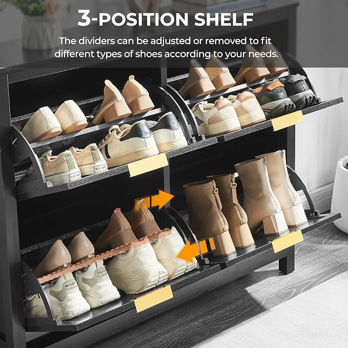 4-Flip Drawer Shoe Cabinet Narrow Entryway Rack, Black | Vertical Wood Grain, Metal Handles, Adjustable Compartments, Removable Shelf, Anti-Tip Device, for Hallway Foyer Entryway
