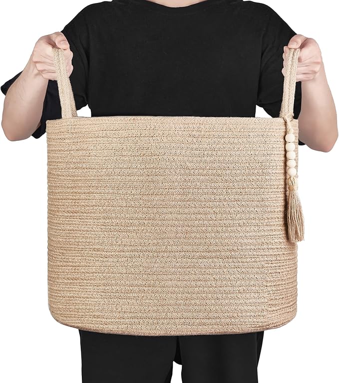 Mkono Woven Storage Basket Decorative Natural Rope Basket Wooden Bead Decoration for Blankets,Toys,Clothes,Shoes,Plant Organizer Bin with Handles Living Room Home Decor, Jute, 16" W × 13.8"L | Brown, Jute, Decorative Basket with Handle, Wood Beads Tass...