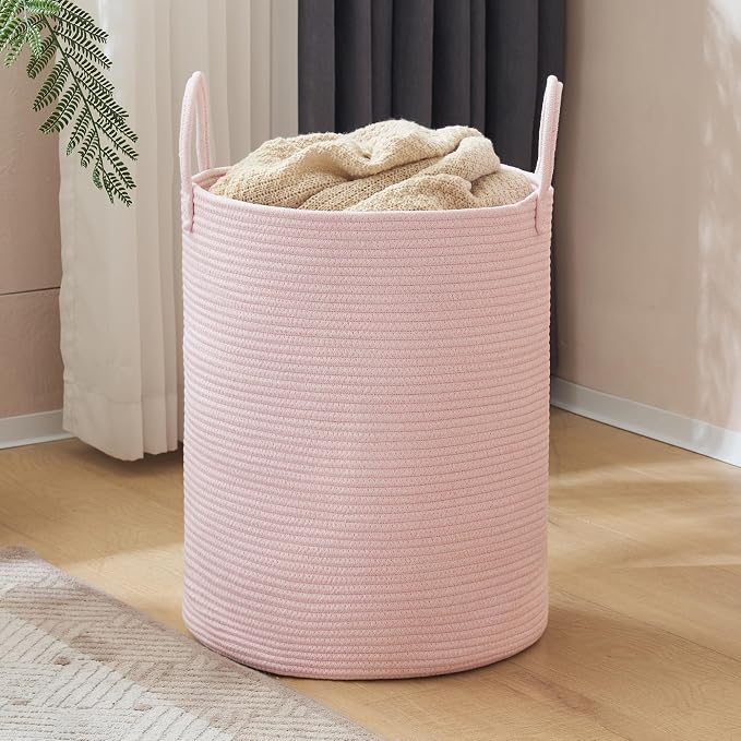 YOUDENOVA Cotton Rope Laundry Hamper Basket, 58L Blanket Basket for Nursery | Large Woven Laundry Hamper with Sturdy Handles, Collapsible Home Decor Laundry Basket for Laundry, Clothes, Toys in Bedroom