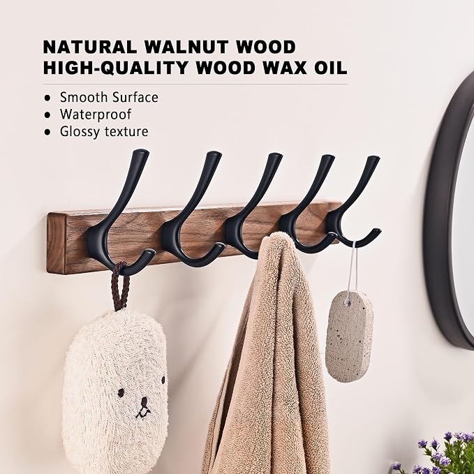 2 Pack 17.3" Small Walnut Wood Coat Rack Wall Mount with 5 Hooks, Heavy Duty Wooden Jacket Hanger Door Mounted for Decorative Entryway and Bathroom Hanging Towel Backpack Purse Clothes Hat Key