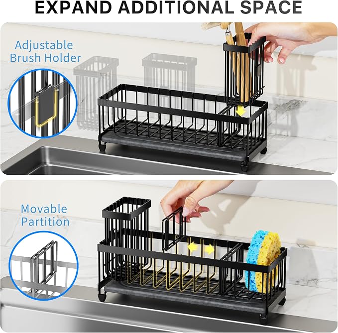 Cisily Sponge Holder for Kitchen Sink, Sink Caddy Organizer with High Brush Holder, Kitchen Countertop Organizers and Storage Essentials (Black Shelf with Stone Tray, Small)