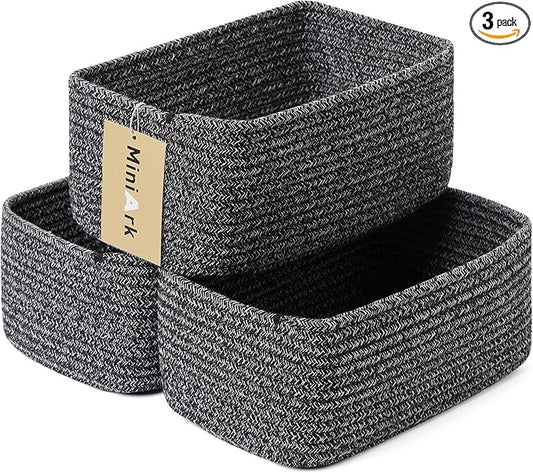 MiniArk Small Storage Baskets for Organizing | Closet Organizer Bins | Shelf Toy Basket | Woven Rope Baskets | Cube Decorative Box | Shallow Basket | 11.5x7.5x4.7” | 3 Packs Dark Gray