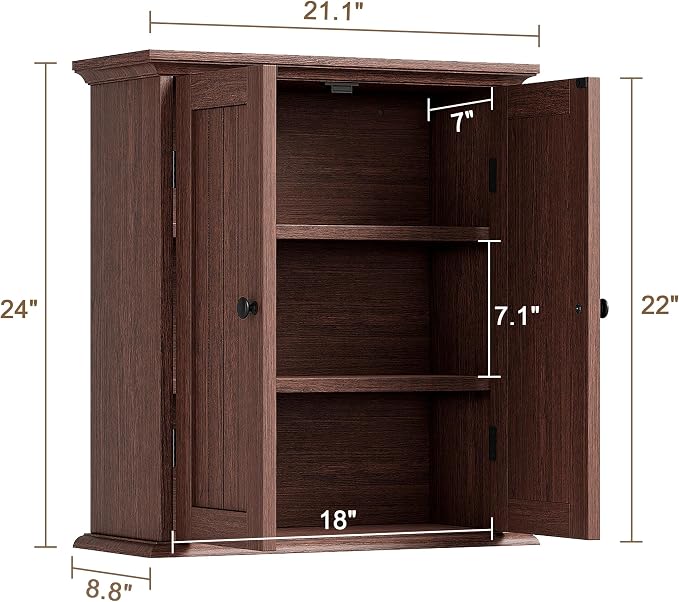 ChooChoo Bathroom Wall Cabinet with 2 Doors, Over The Toilet, Farmhouse | 8.8"D x 21.1"W x 24"H, Medicine Cabinet, Adjustable Shelves, Cupboard, Walnut