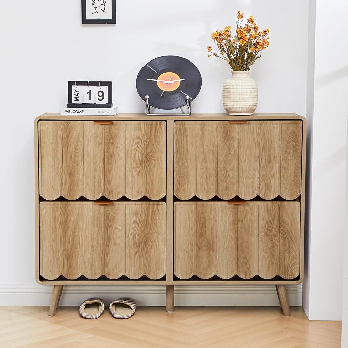 Shoe Storage Cabinet for Entryway with 4 Flip Drawers, Freestanding Narrow Wood Shoe Cabinet with Wave Panel, Hidden Shoe Organizer for Foyer, Hallway (Natural)
