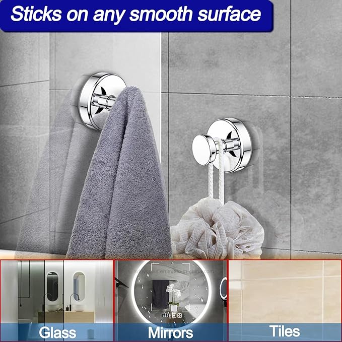 Bntuk Suction Cup Hooks for Shower, Removable Towel Hooks for Bathroom Window Glass Door Wall, Bath Robe Looafh Hook for Hanging - 4 Pack, Chrome