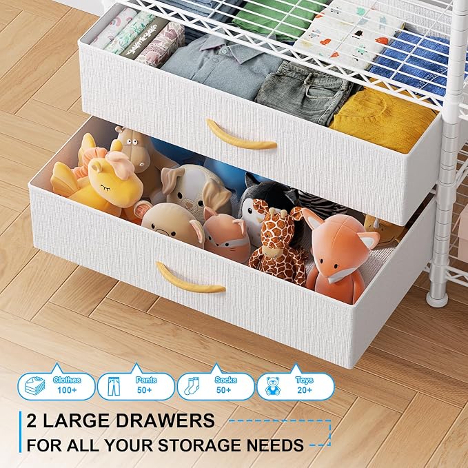 Ulif F3 Heavy Duty Clothes Rack（With Fabric Drawers）Freestanding Clothing Racks for Hanging Clothes，Adjustable Closet Organizer System，Portable Garment Rack 40" W x 15" D x 72" H，Max Load 700LBS，White