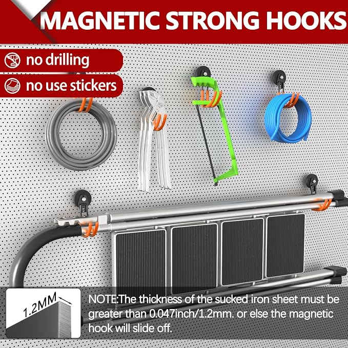 3-H Heavy Duty Magnetic Hooks, Large Magnet Hooks,2 Pack Orange | No-Drill Tool Holder for Garage,Power Drill,Garden Tools,Hose Storage