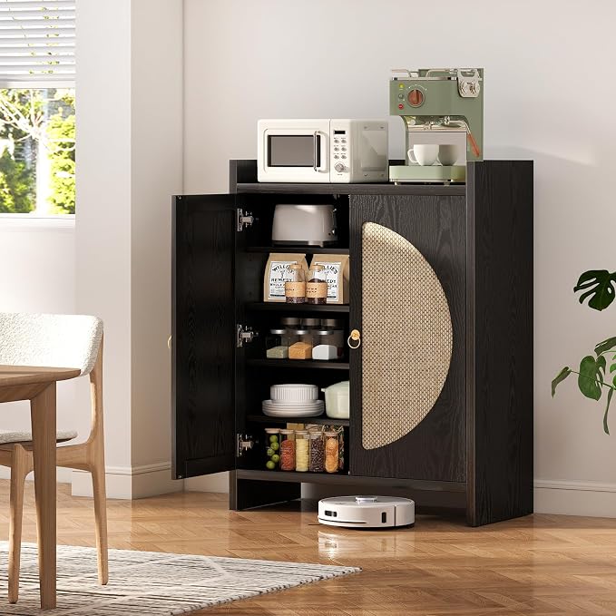 Shoe Cabinet Storage for Entryway - Rattan Entry Way Shoe Storage Cabinet with Adjustable Shelves, Wood Shoe Organizer Cabinet, Accent Cabinet with Doors for Entrance Hallway Living Room Foyer
