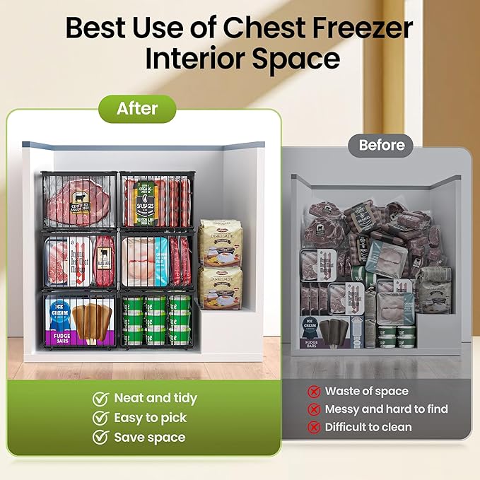 Freezer Organizer Bins, 3 Pack Enlarged Baskets for 5-9 Cu.FT Deep Freezer | Stackable Chest Freezer Organizer Bins, Foldable with Handles, Black Storage Container Baskets for Sort Frozen Meats