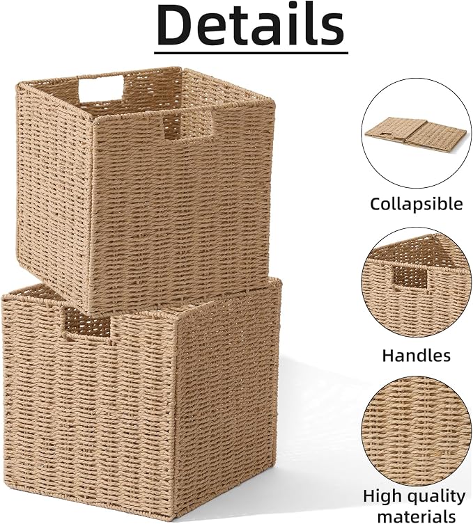 Set of 2 Hand-Woven Paper Rope Wicker Baskets, Storage Basket, Foldable Cube Storage Bins, Natural Color Storage Cubes, Square Baskets for Organizing Shelves Decor, 12x12x12in
