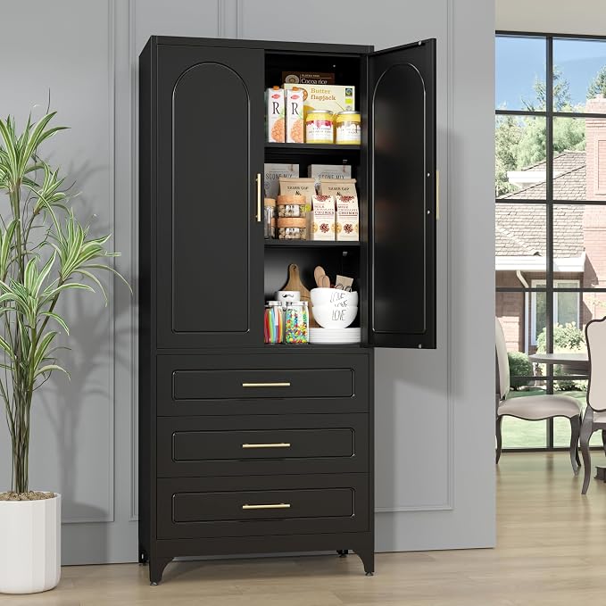 SteeLoong 75”Kitchen Pantry Cabinet, Metal Storage Cabinet with 3 Drawers | Black Pantry Cabinets for Kitchen Storage with 2 Adjustable Shelves,Tall Freestanding Cupboard for Living Room,Kitchen,Garage