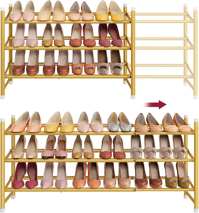 Expandable Shoe Rack for Closet 3 Tier, 28“-41“Stackable, Gold | Adjustable Shoe Organizer Closet Shoe Rack Floor, Metal Shoe Shelf Storage for Entryway, Closet, Garage, Front Door Entrance