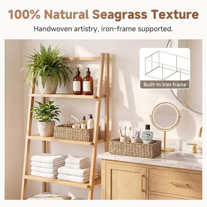 StorageWorks Toilet Paper Basket, Bathroom Basket Organizer for Storage | Long Narrow Wicker Seagrass Storage Baskets for Tank Topper, Decorative Toilet Tank Basket for Bathroom, Pantry, 2-Pack