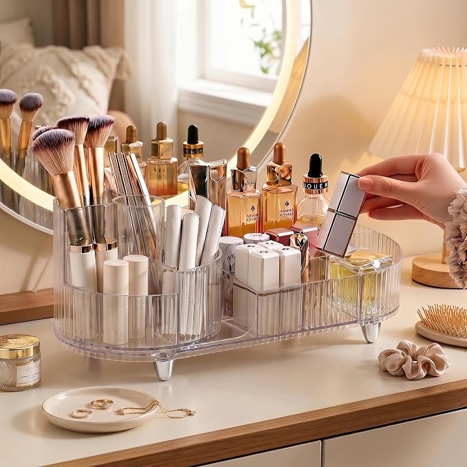 Booklov Rotating Makeup Organizer for Vanity Countertop, Clear | Clear Acrylic Cosmetic Display Case, Large Beauty Brush Holder for Bathroom Counter, Skincare Lipsticks Storage