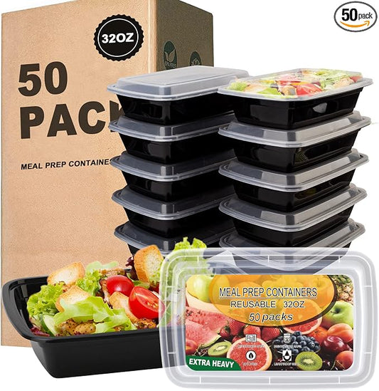 Ezalia 50 Pack- Meal Prep Containers 32oz, Plastic Food Prep Containers Reusable, Leakproof To Go Food Containers with Lids, BPA-Free, Microwave/Dishwasher/Freezer Safe