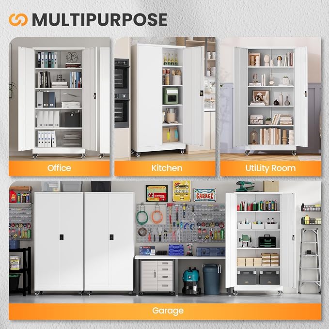Garage Storage Cabinet with Doors and Shelves, Garage Cabinets with Wheels, Metal Lockable Storage Caninet,Tall Tool Cabnet on Wheels for Workshop/Home/Office/Shop - (White 75”H)