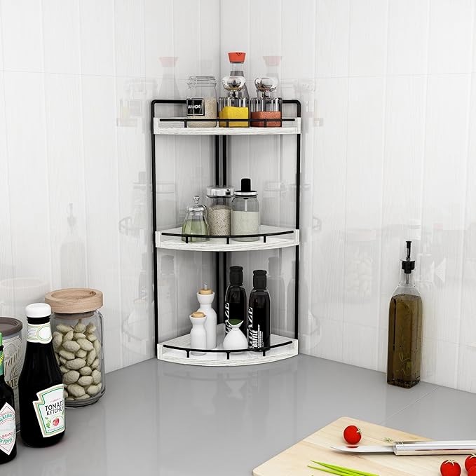 Dorhors Corner Bathroom Organizer Countertop,Vanity Counter Storage Shelf | 3 Tier Rustic White Stand Rack Holder for Kitchen,Dresser,Restroom,Wood Bathroom Sink Tray for Makeup,Perfume,Skincare,Lotion