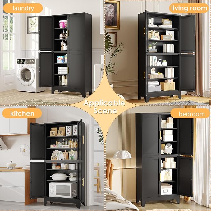 75" Tall Metal Kitchen Pantry Storage Cabinet, Freestanding Cupboard with 4 Doors and 4 Adjustable Shelves, Standing Storage for Kitchen, Bathroom, Garage, Dinning Room or Utility Room（Black）