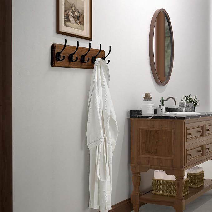 Wall Mounted Coat Rack: Patented, Heavy-Duty, 17.4" Long 5-Double-Hooks Wooden Hanger Rail for Winter Coats, Hat, Jacket, Clothing - Natural & Black, Pack of 2