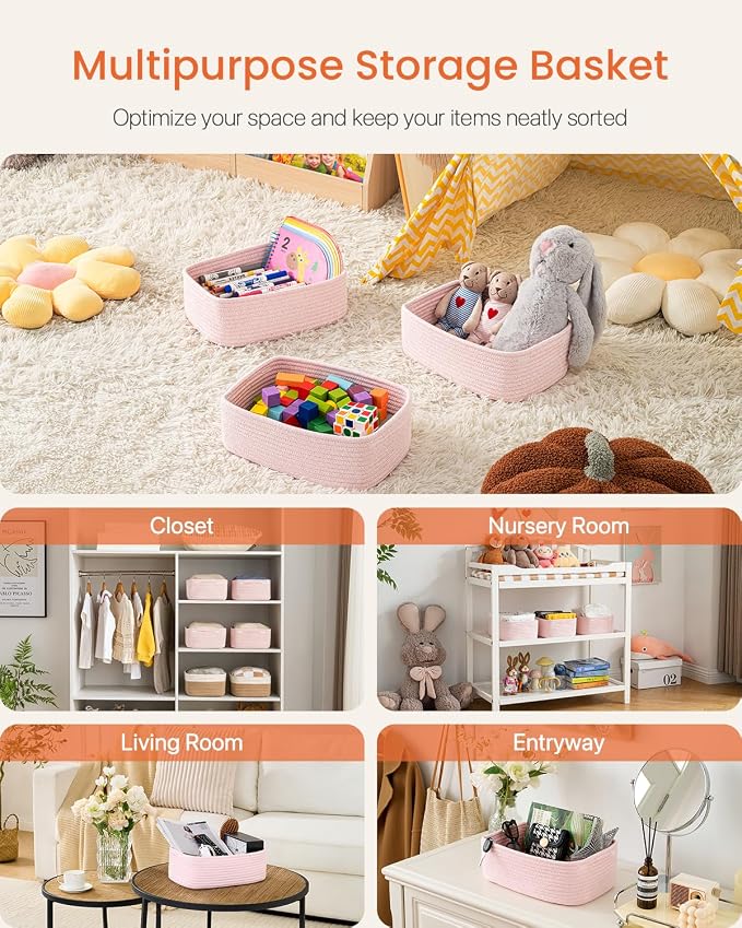 KALLAX Small Woven Storage Basket for Organizing, 12 x 8 x 4.5 inch, 3 Pack | Shelf baskets for closet organization, toy storage and home decor, Perfect as empty gift baskets for holidays, Light Pink