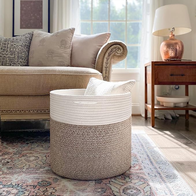 Goodpick Woven Rope Basket for Blankets, Storage Basket for Toys, 45L | 15.8 x 15.8 x 13.8 In Baby Toy Storage Basket for Nursery, Blanket Basket Living Room, Laundry Basket for Towels, Bin,Mele