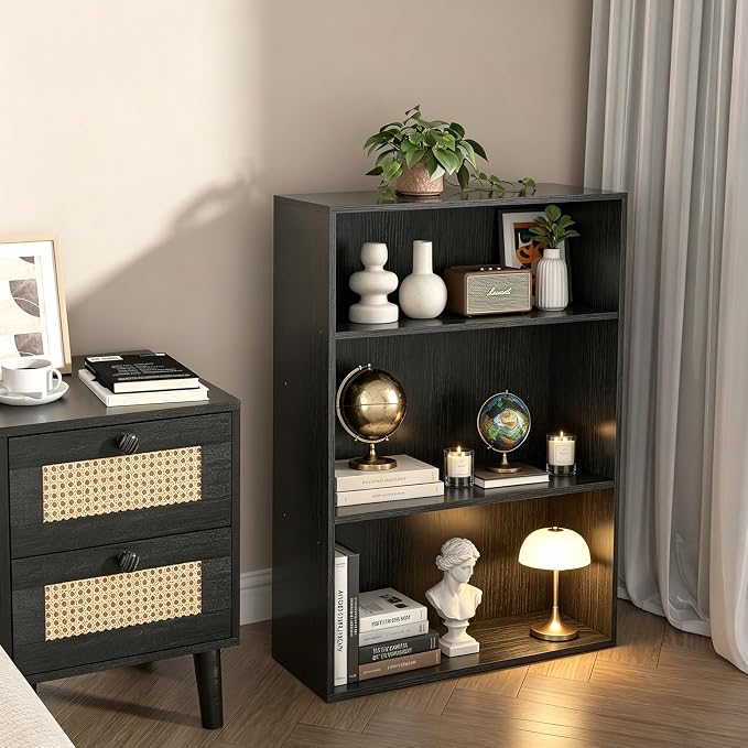 HealSmart 3 Tier Bookcase, Industrial 3 Book Shelf, 9.2" D x 23.8" W x 31.5" H Tall Open Cube Storage Organizer for Home Office, Living Room, Bedroom and Dinning Room, Black