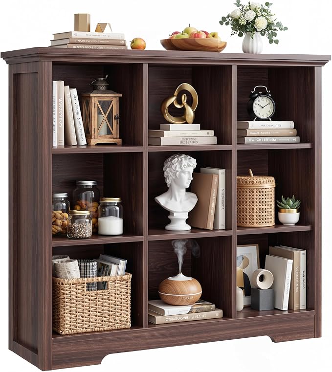 Aheaplus Wooden 9-Cube Storage Organizer with Charging Ports, Modern Cube Bookcase with Base, 4-Tier Floor Standing Open Cubbies Bookshelf, Cubicle Display Shelf for Home and Office, Black Walnut