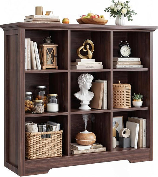 Aheaplus Wooden 9-Cube Storage Organizer with Charging Ports, Modern Cube Bookcase with Base, 4-Tier Floor Standing Open Cubbies Bookshelf, Cubicle Display Shelf for Home and Office, Black Walnut