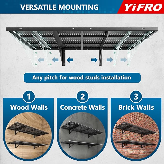 4-Pack 1.5x4ft Heavy Duty Garage Wall Shelving, 1000 lbs Load Capacity, Garage Shelving Wall Mounted, Storage Rack with Hooks, Black