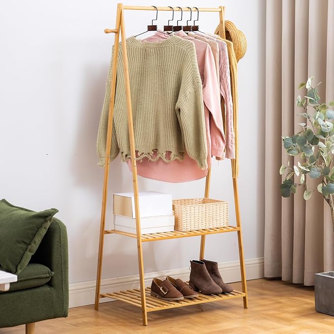 Bamboo Clothing Rack with Top Hanging Garment Rod, 2 Side Hooks & Bottom 2-Tier Shelves – Space-Saving Organizer for Clothes, Hats, Bags & Shoes