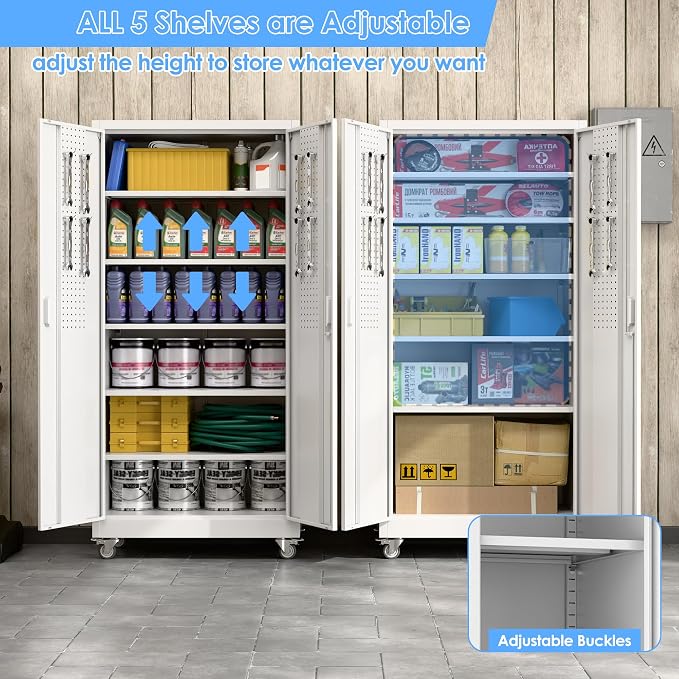 Aobabo Upgraded Garage Storage Cabinets with Wheels,Metal Storage Cabinets with 5 Adjustable Shelves for Garage Home Office Storage,White,71''H*34''W*18''D,Assembly Required
