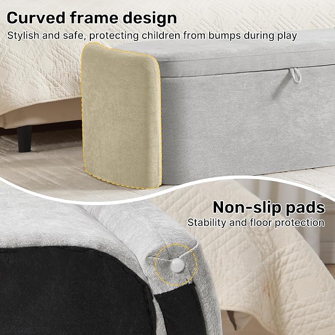 Oval Ottoman Bench with 20 Gal of Storage Space Upholstered Chenille Seat End of Bed Storage Bench Storage Ottoman with Storage for Bedroom, Living Room, Entryway, Window (Light Gray)
