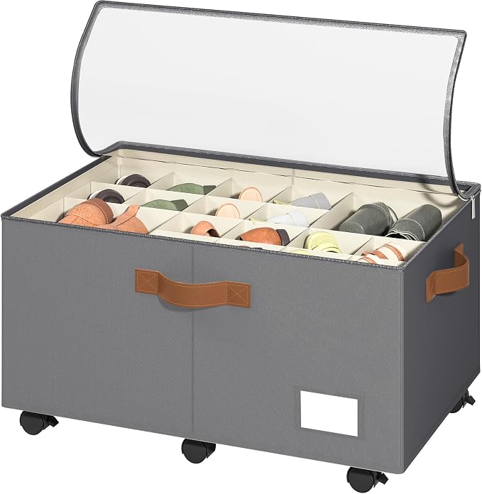 Foyego Shoe Organizer for Closet, Shoe Storage with Wheels, Gray | Fits 24 Pairs, with Adjustable Dividers and Clear Cover, Saving Space Foldable Fabric Closet Shoe Storage Organizer Box Bins